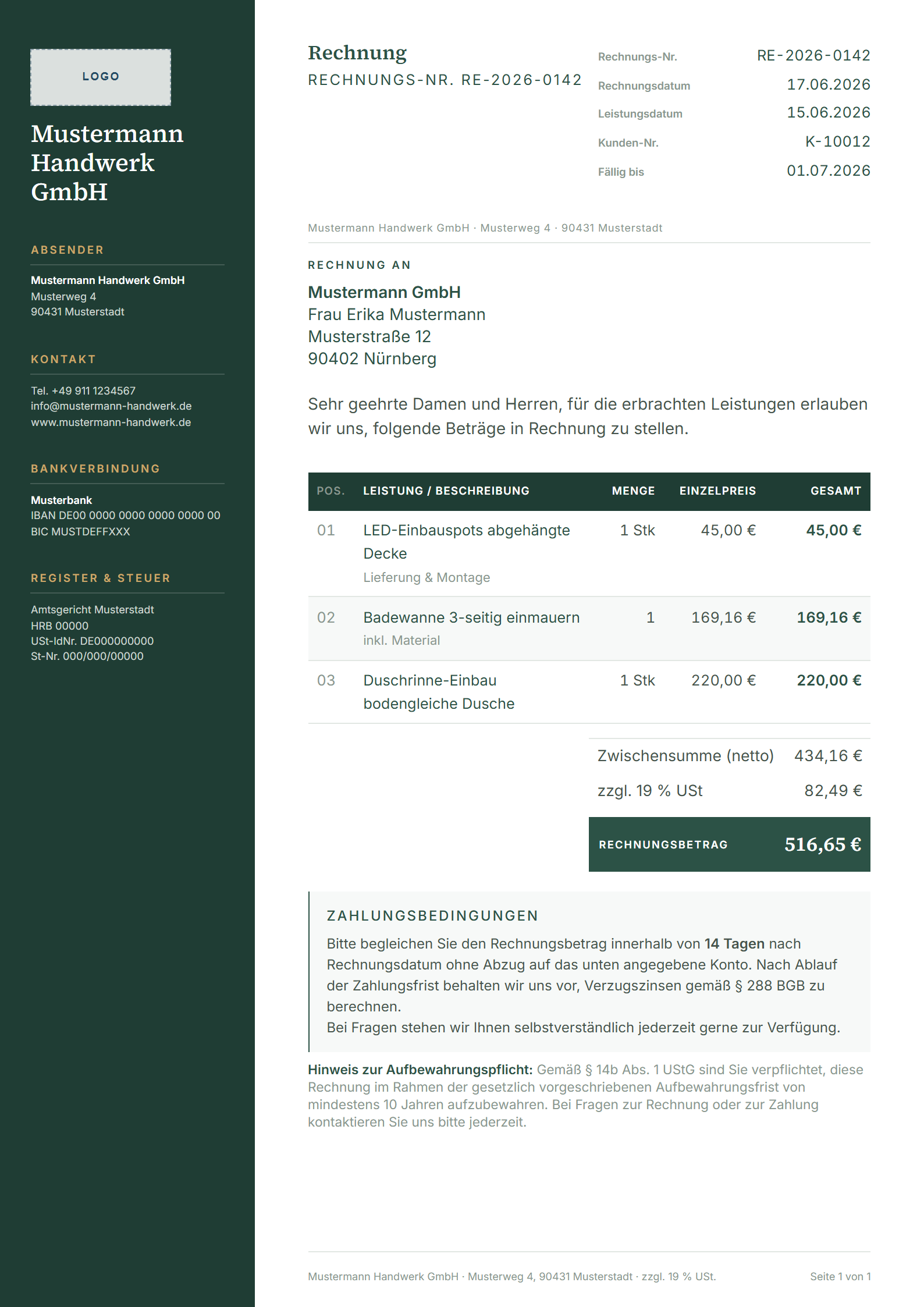 Belegvorlage Sidebar